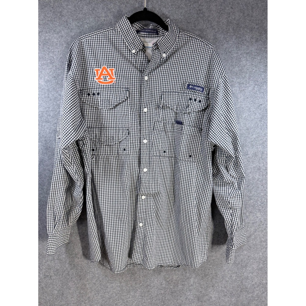 Columbia PFG Super Bonehead Shirt Mens Small Auburn Tigers Gingham Fishing Blue